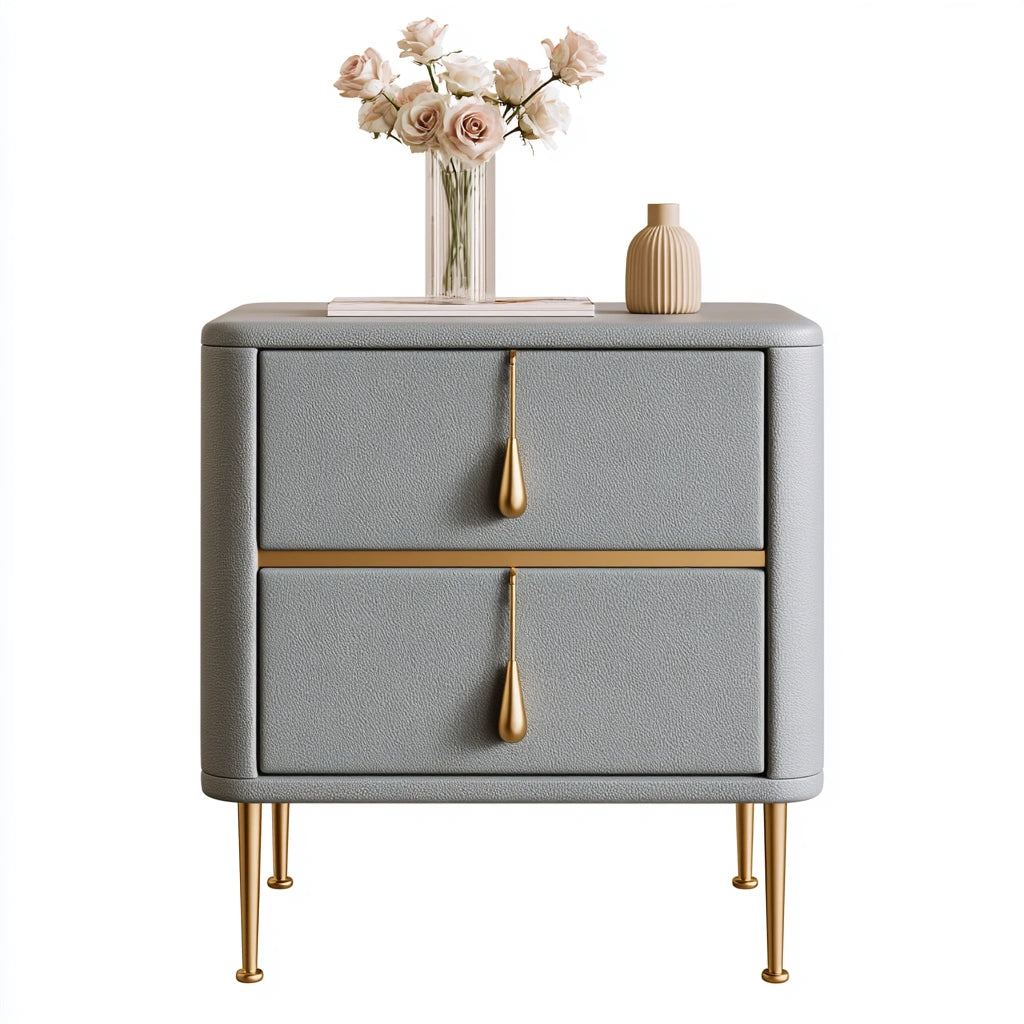 Modern grey leather bedside table by Cavelyx with textured surface, designed as a stylish and functional nightstand.