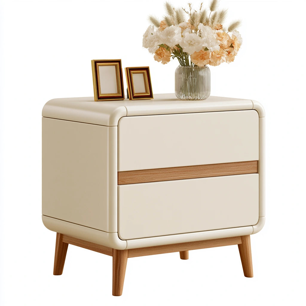 Modern cream-colored nightstand with sleek lines and two soft-close drawers, designed by Cavelyx for a minimalist bedroom look.