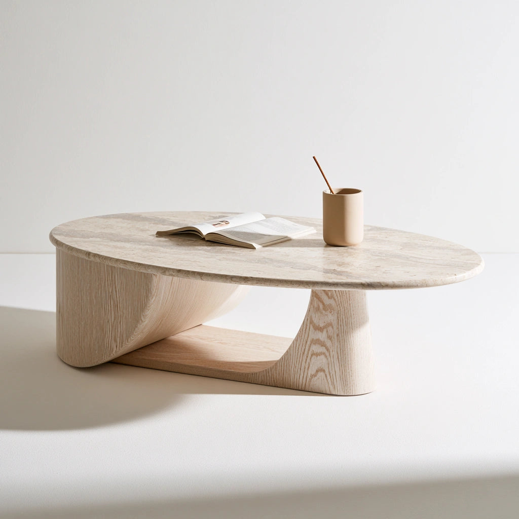 Modern oval white coffee table from Cavelyx with sleek lines, set against a plain white background.