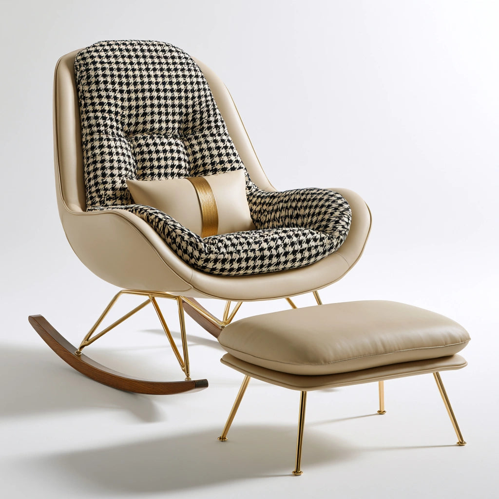 Modern gray rocking chair with matching ottoman, sleek design, perfect for relaxation, by Cavelyx in the category of lounge chairs.
