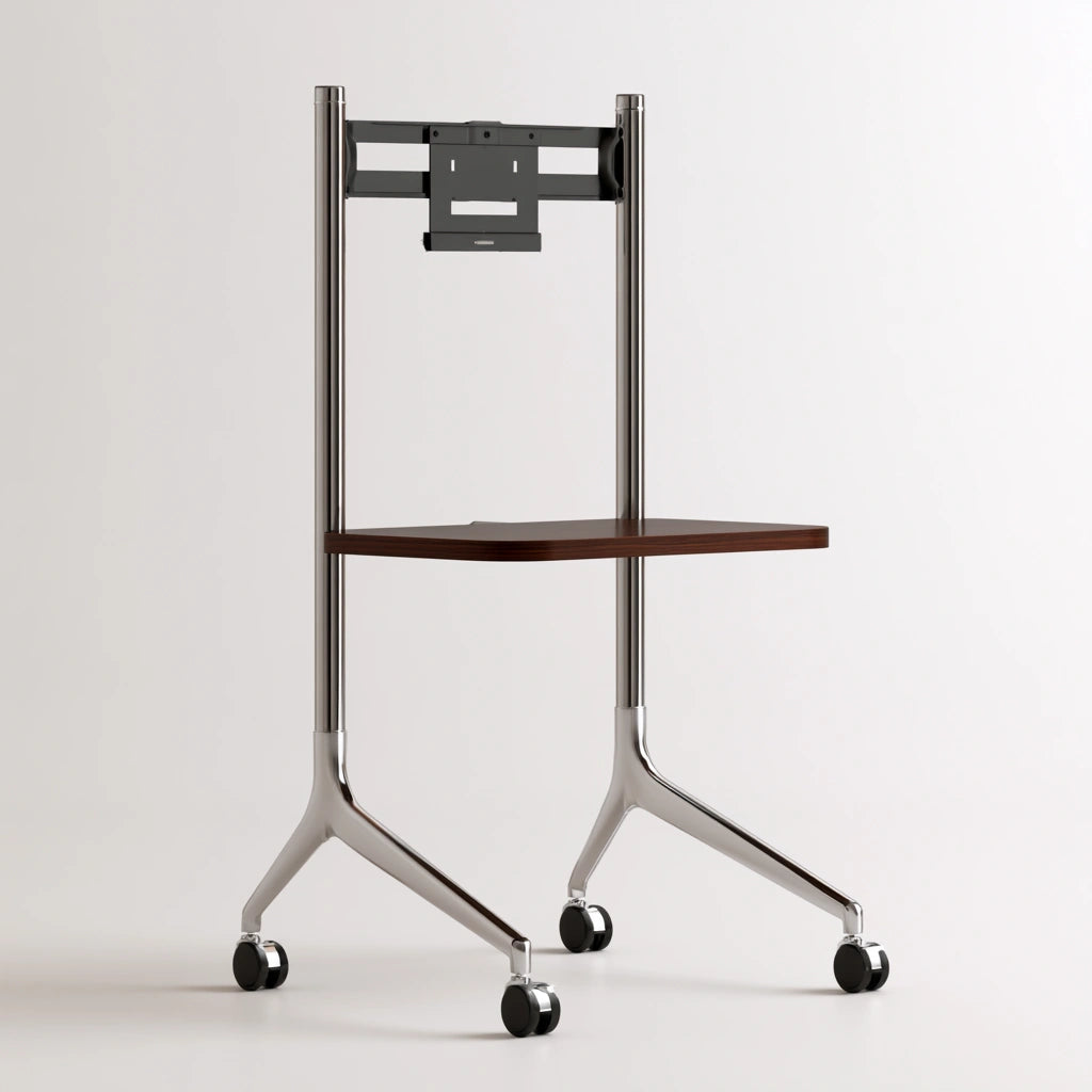 Cavelyx TV stand with tubular chrome frame on wheels, featuring black and silver finish, designed for modern television setup.