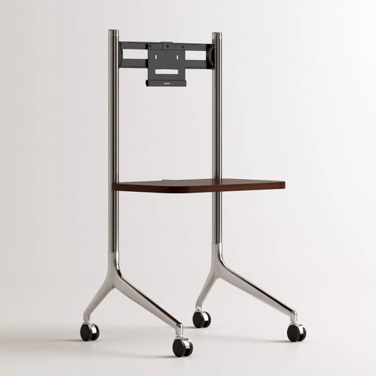 Cavelyx TV stand with tubular chrome frame on wheels, featuring black and silver finish, designed for modern television setup.