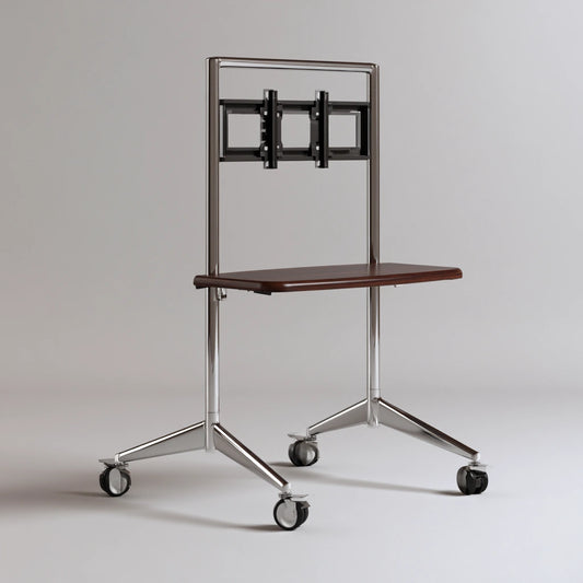 Cavelyx TV stand with tubular chrome frame, black shelves, on wheels, in silver and black color for modern entertainment setup.