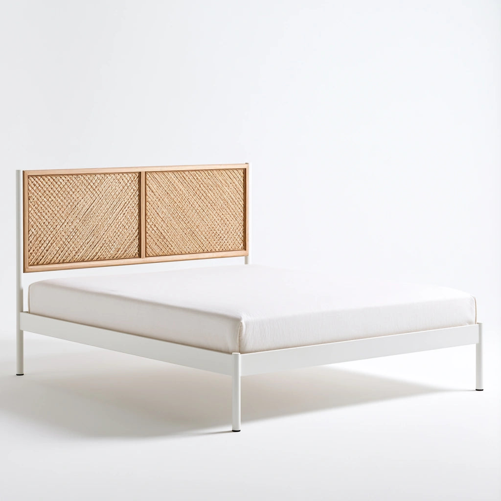 Modern white metal bed frame with headboard, minimalist design by Cavelyx, featuring clean lines and sturdy construction.
