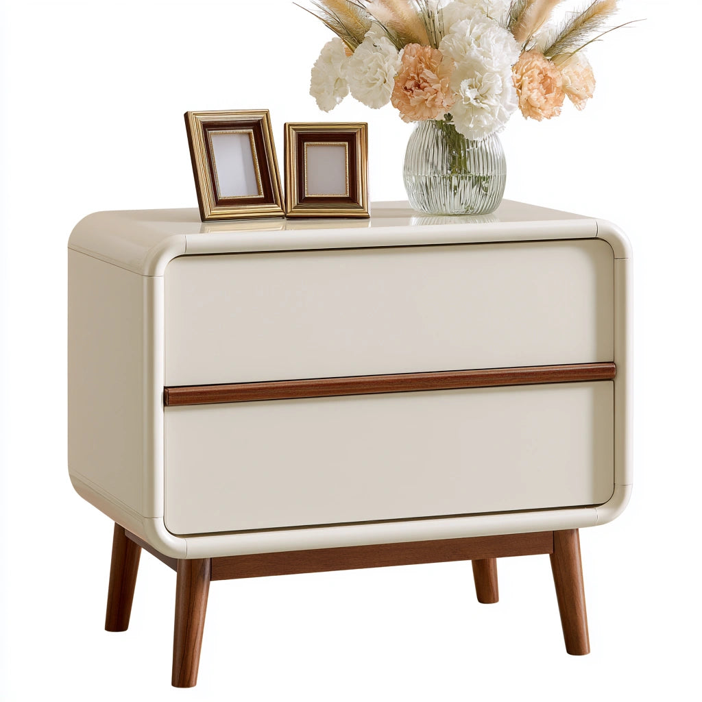 Modern cream-colored nightstand with clean lines and two soft-close drawers, by Cavelyx, for sleek bedroom storage.