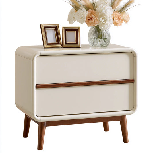 Modern cream-colored nightstand with clean lines and two soft-close drawers, by Cavelyx, for sleek bedroom storage.