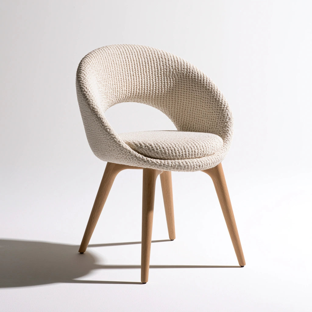Modern gray dining chair with curved backrest and rounded seat from Cavelyx, showcasing sleek, minimalist design for dining room.