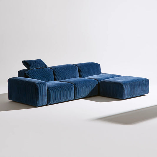 Deep blue Cavelyx modular sectional sofa with clean lines, showcasing plush upholstery and contemporary design.