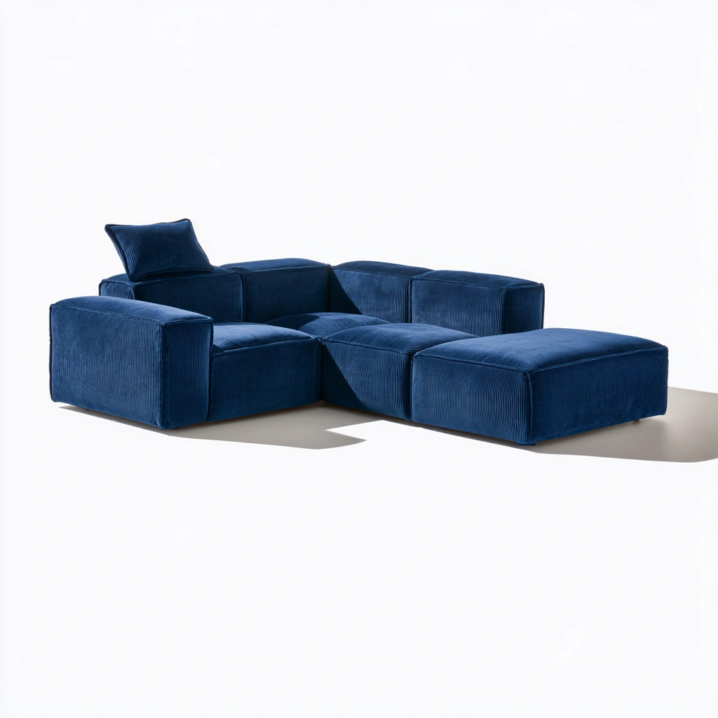 Modern blue deep-colored Cavelyx modular corner sofa with clean lines and plush upholstery, designed for stylish living rooms.