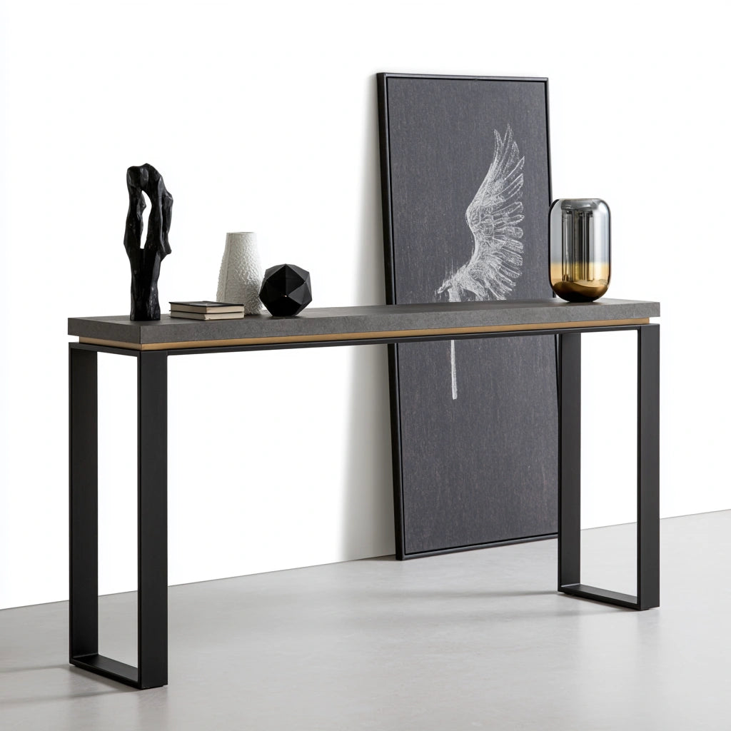 Modern dark gray entryway console table with sleek, minimalist design from Cavelyx, featuring clean lines and a narrow rectangular shape.