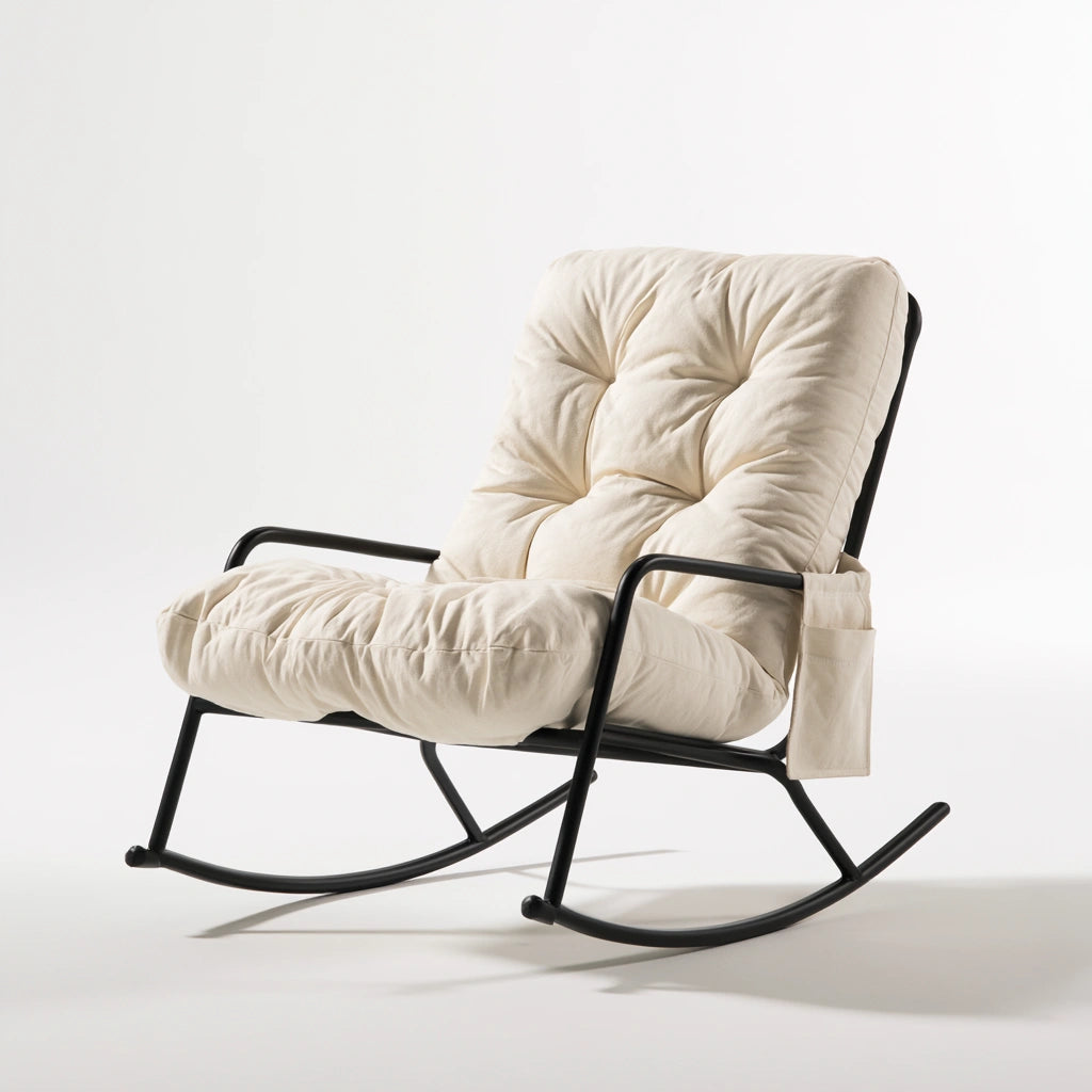 Modern black metal rocking chair from Cavelyx with a thick cushioned seat, perfect for relaxation and stylish home decor.
