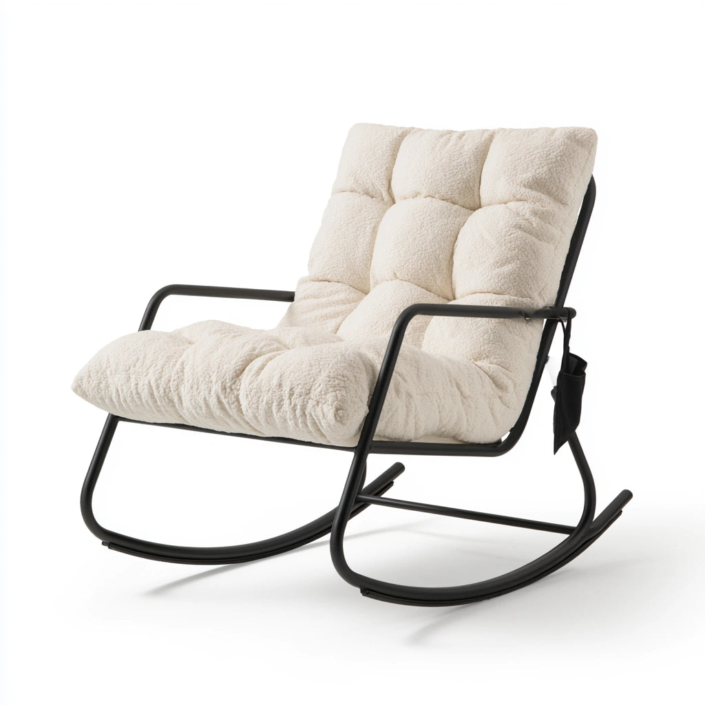 Modern black metal rocking chair with a thick cushioned seat, designed for relaxation in a stylish living space.