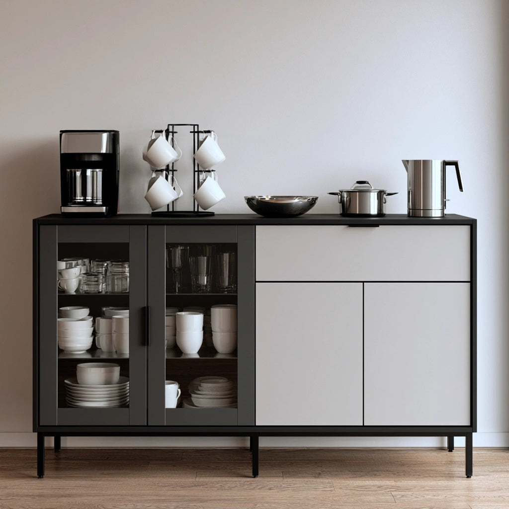 Modern gray Cavelyx storage buffet with sleek lines, featuring a dark gray frame and minimalist design for contemporary home organization.