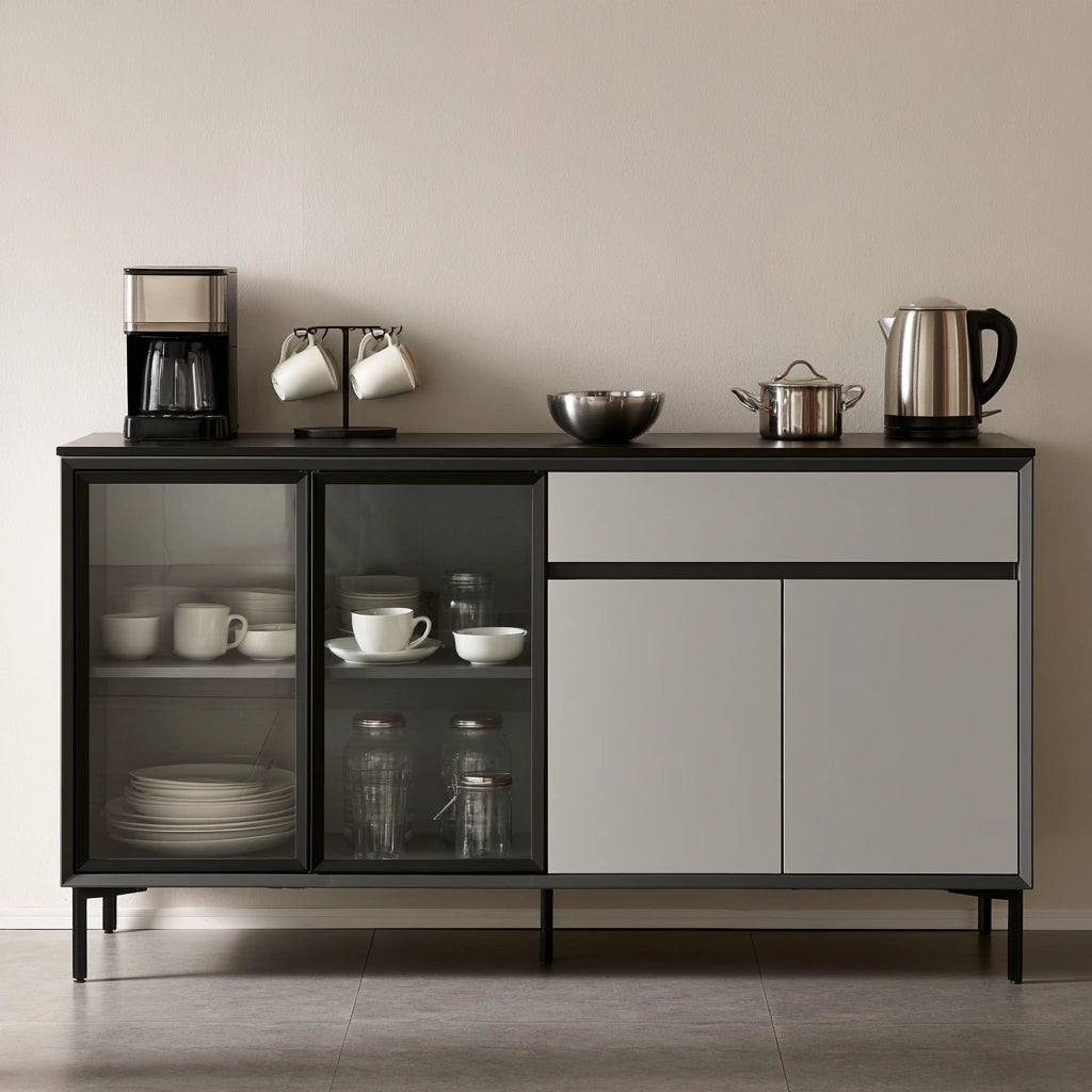 Dark gray modern Cavelyx storage buffet with clean lines, featuring a sleek, minimalist design for contemporary home organization.