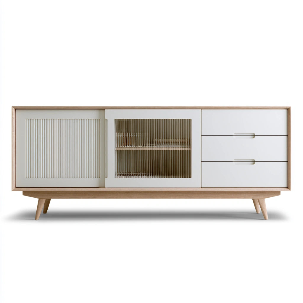 Modern wooden sideboard cabinet by Cavelyx with a light wood frame, featuring sleek storage compartments and a minimalist design.