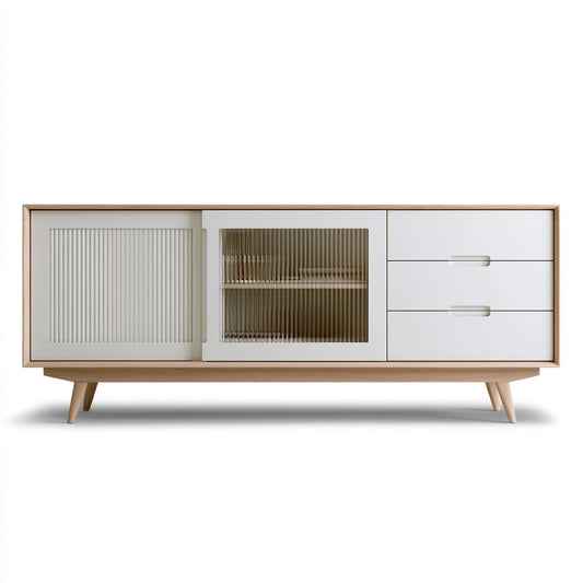 Modern wooden sideboard cabinet by Cavelyx with a light wood frame, featuring sleek storage compartments and a minimalist design.